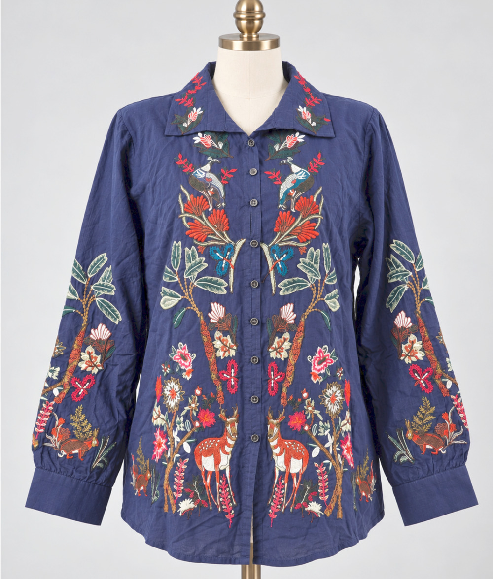 NEW PYRAMID COLLECTION BLUE WOODLAND WONDER EMBROIDERED FOREST DEER FLORAL TOP M